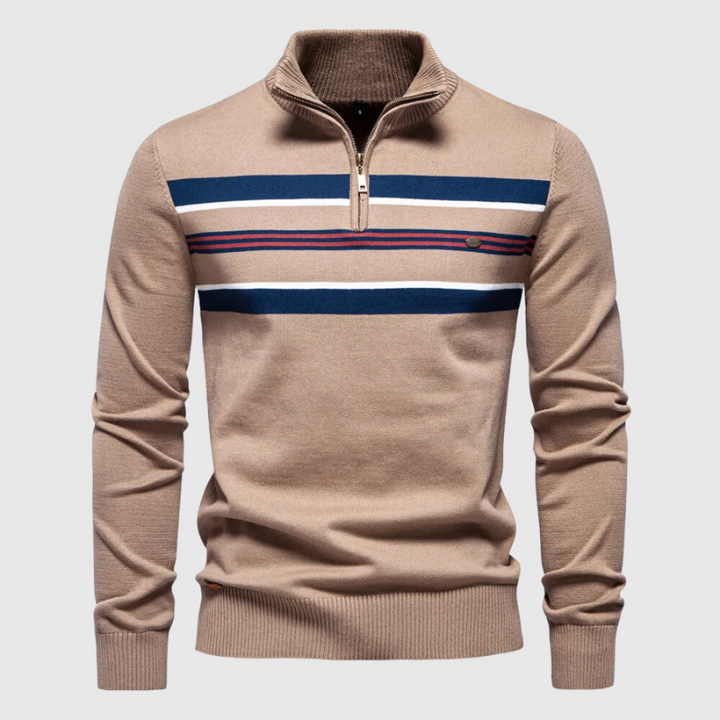 Men's classic striped quarter zip sweater with a mock neck, perfect for smart casual and cool weather.