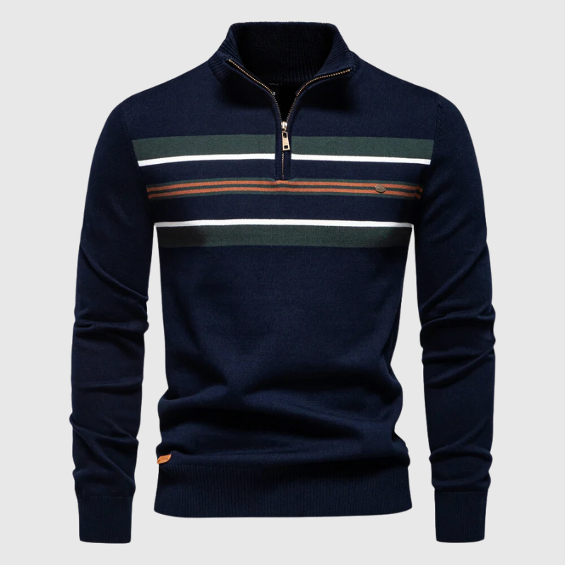 Trendy men's striped quarter zip sweater, excellent for comfortable layering and everyday cold weather style.