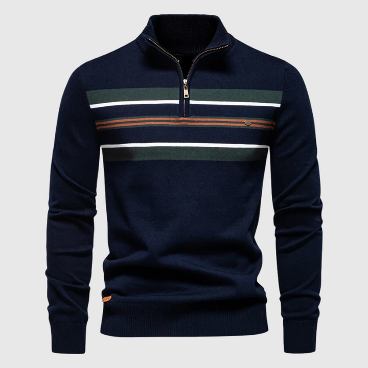 Trendy men's striped quarter zip sweater, excellent for comfortable layering and everyday cold weather style.