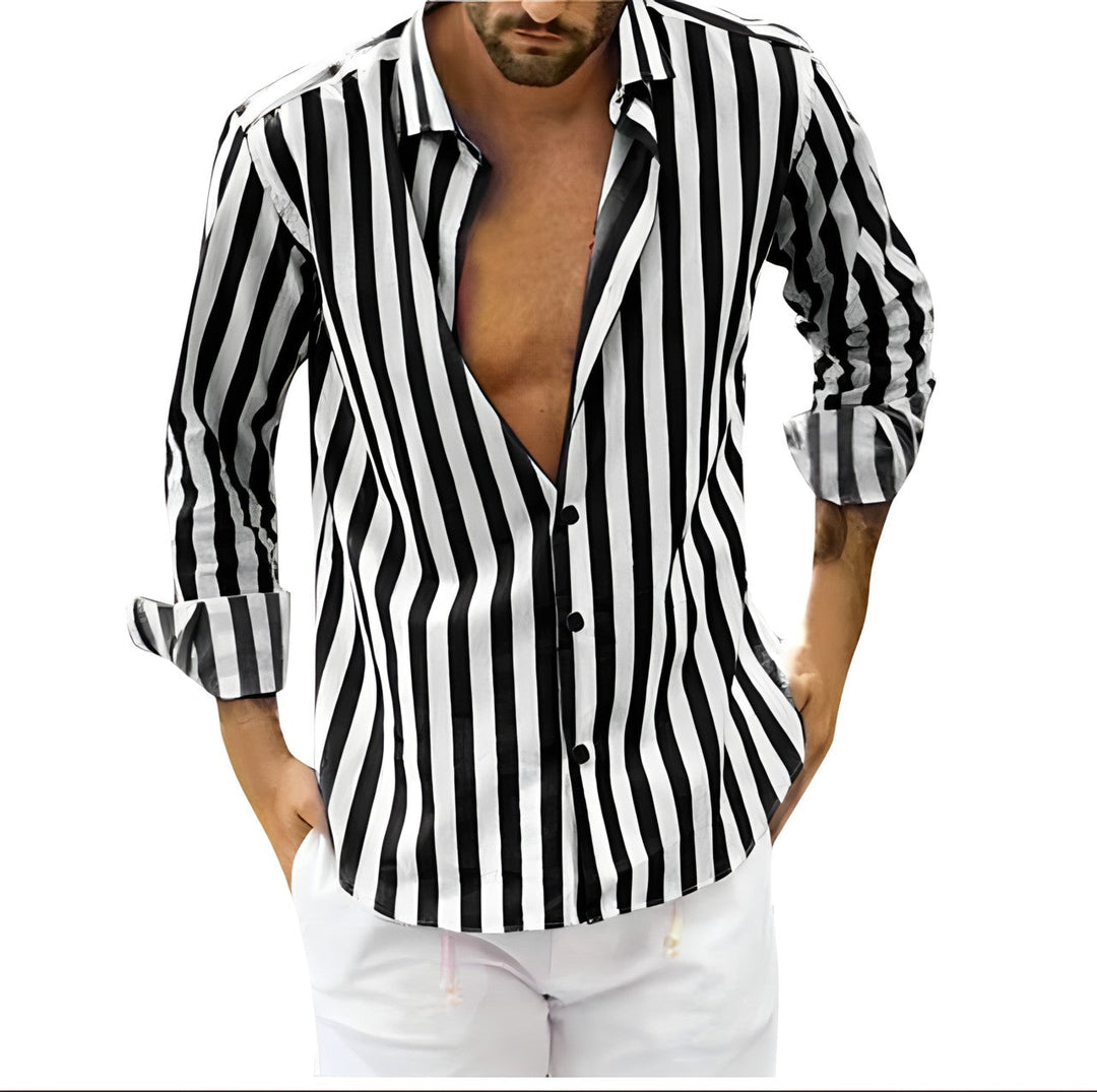 Stylish men's striped short-sleeve shirt, perfect for summer vacation & everyday casual wear.
