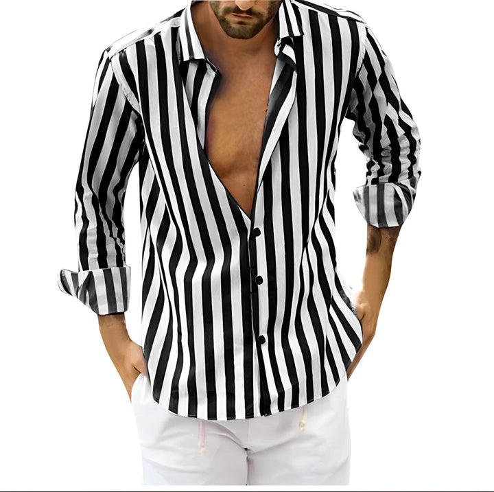 Stylish men's striped short-sleeve shirt, perfect for summer vacation & everyday casual wear.