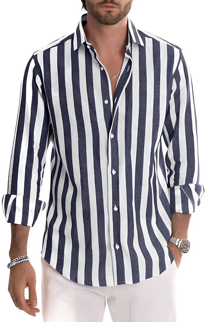 Relaxed fit men's striped summer shirt, a breathable and stylish top for casual fashion.