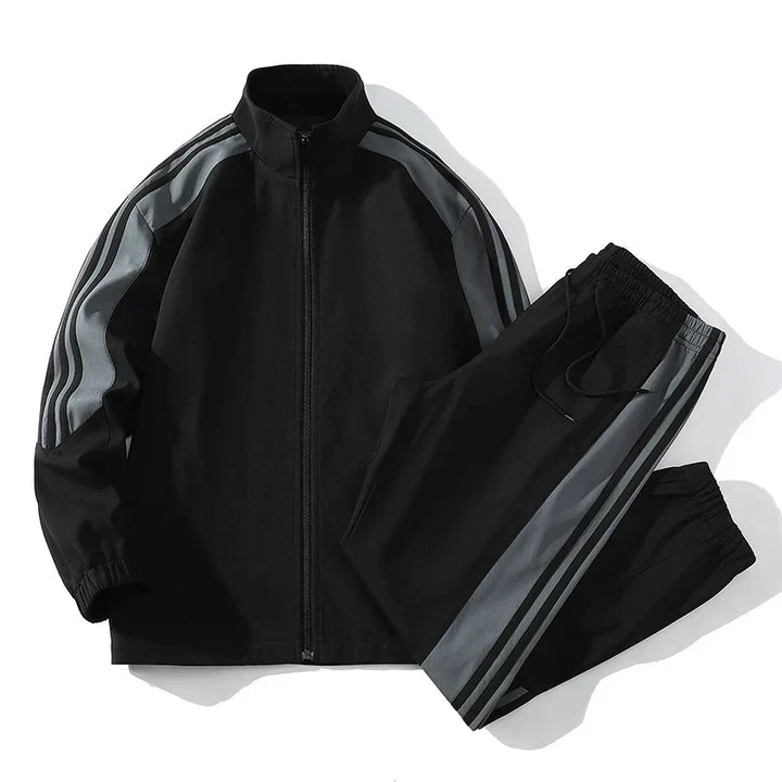 Stylish men's striped tracksuit jacket, part of a comfy two-piece activewear set for men.
