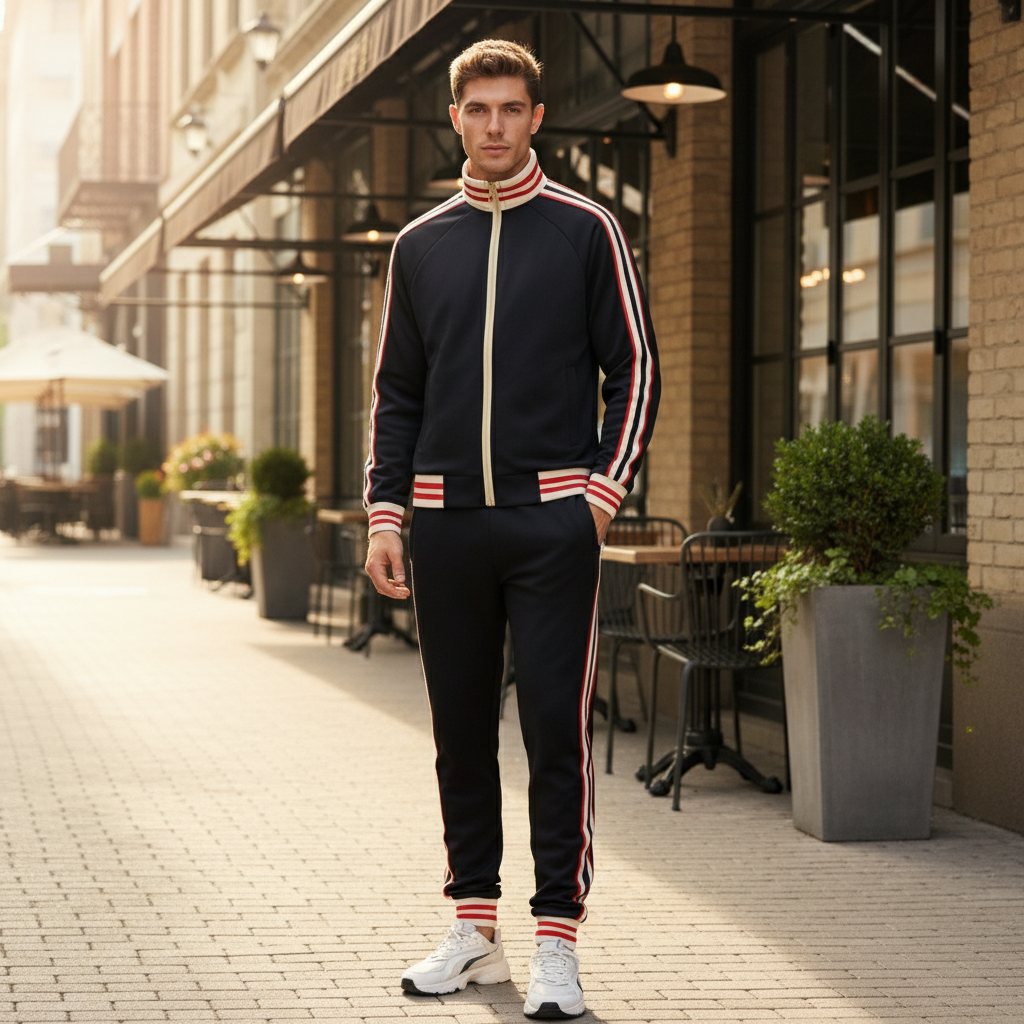 Men's striped tracksuit set, a comfortable two-piece athletic outfit with zipper jacket and sport pants.