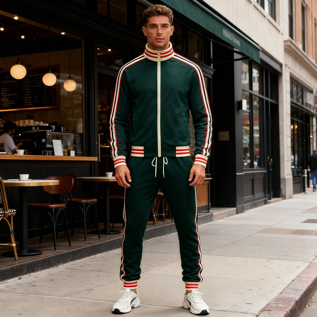 Stylish men's striped tracksuit featuring a full-zip jacket and matching sport pants for activewear.