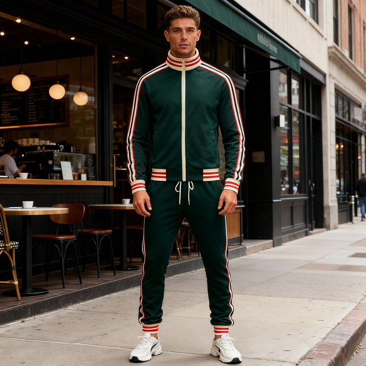Stylish men's striped tracksuit featuring a full-zip jacket and matching sport pants for activewear.