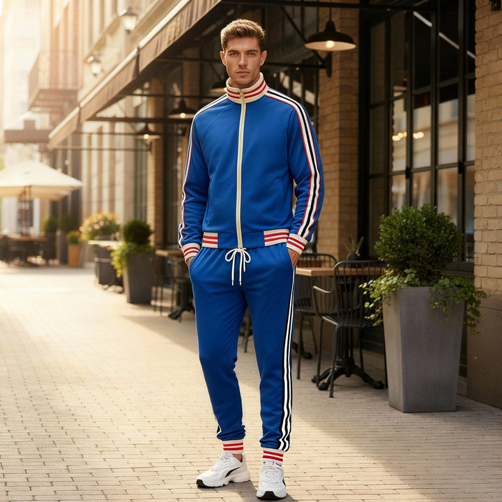 Close-up of a men's striped tracksuit, showcasing the zipper jacket and comfortable active sport pants.