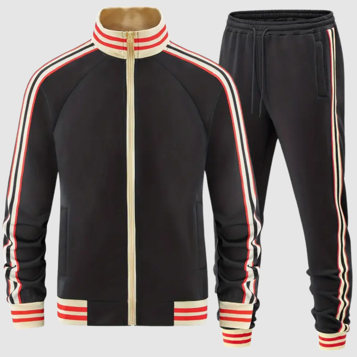 Athletic men's striped two-piece tracksuit, a modern fashion set with a zipper jacket & sport pants.