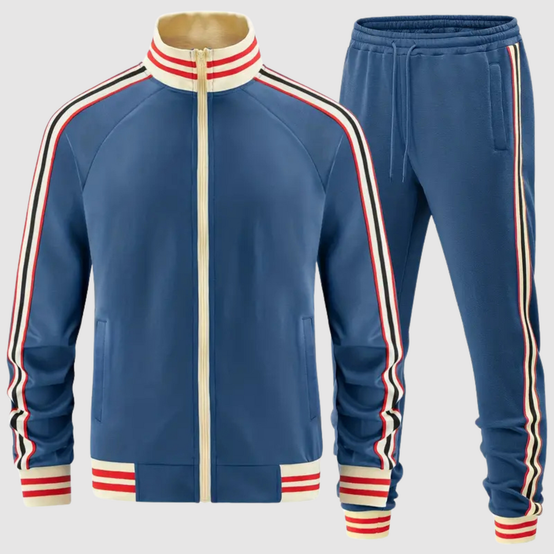 Full view of a men's black and white striped tracksuit, a versatile activewear set with jacket and pants.