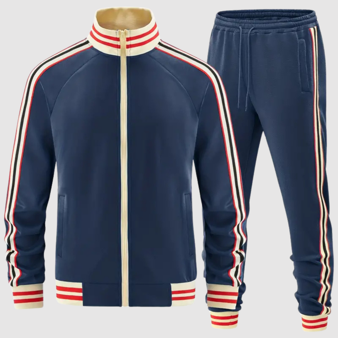 Men's fashion striped tracksuit set: a cozy zipper jacket and sport pants, great for everyday comfort.