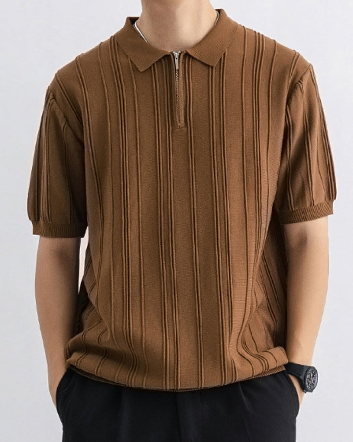 Men's striped zip-up polo shirt in ribbed knit. Short sleeve, ideal for casual & smart casual men's fashion.