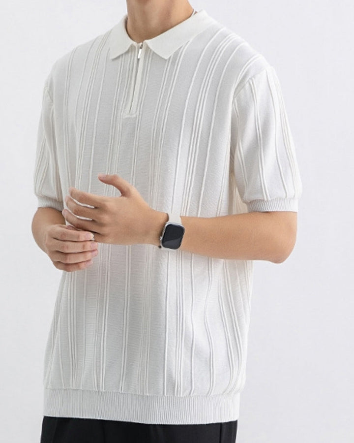 Stylish men's striped zip-up polo shirt. Ribbed knit, short sleeve, perfect for smart casual or everyday wear.