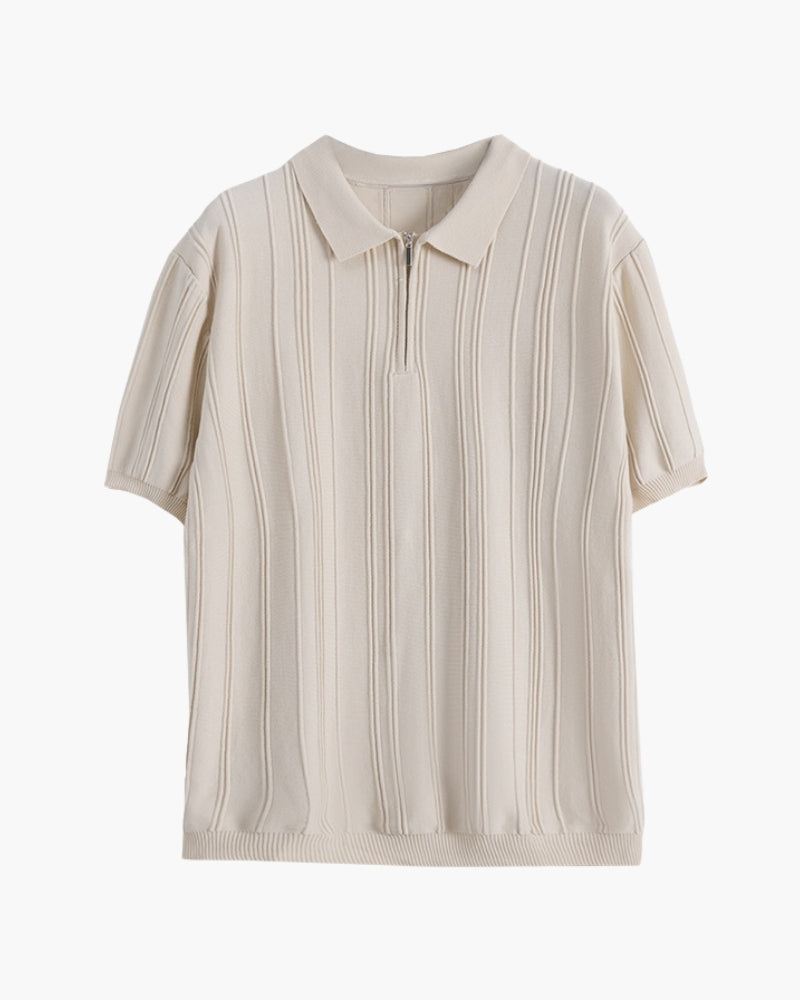 Comfortable ribbed knit men's striped polo shirt. Zip-up collar, short sleeve. Great for everyday men's style.
