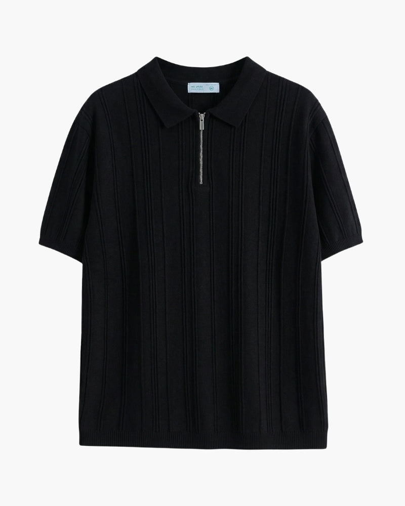 Modern men's striped zip-up polo shirt. Ribbed knit, short sleeve for a sharp casual or smart casual look.