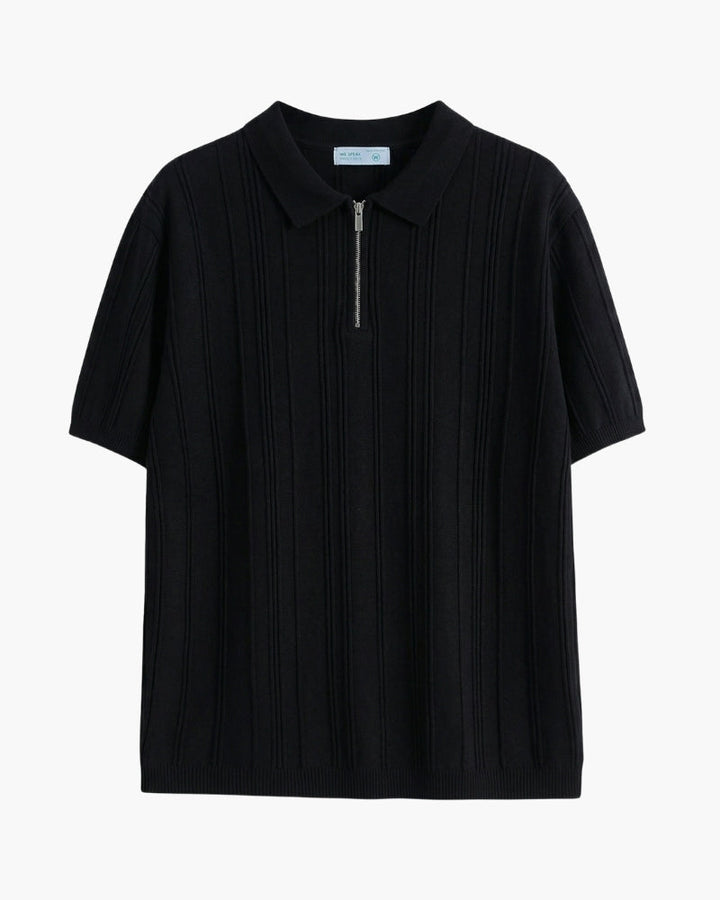 Modern men's striped zip-up polo shirt. Ribbed knit, short sleeve for a sharp casual or smart casual look.