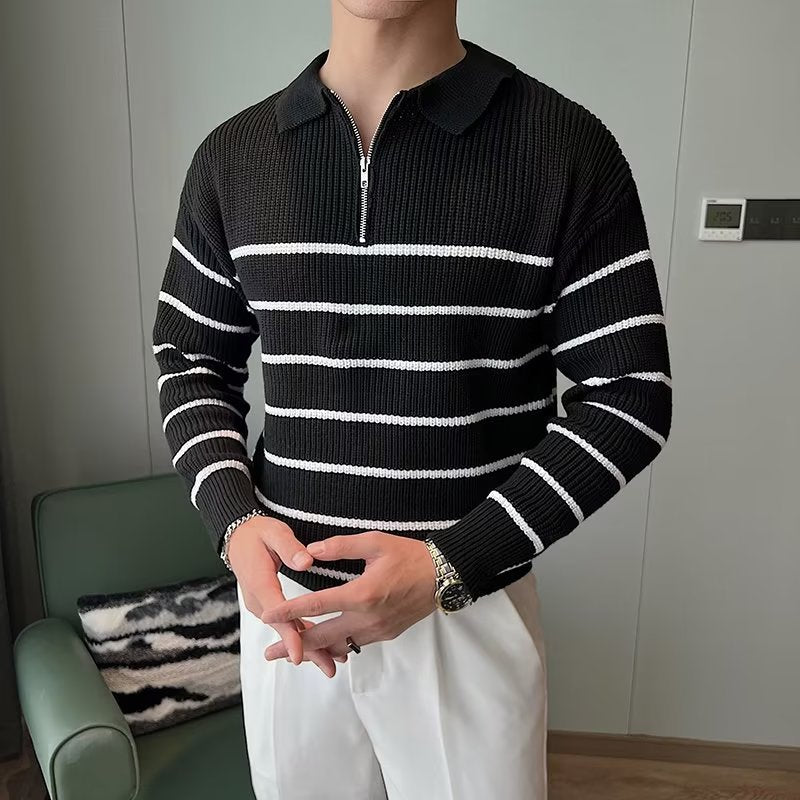 Men's striped zipper sweater, long sleeve, perfect for fall and winter. Versatile casual & smart casual style.