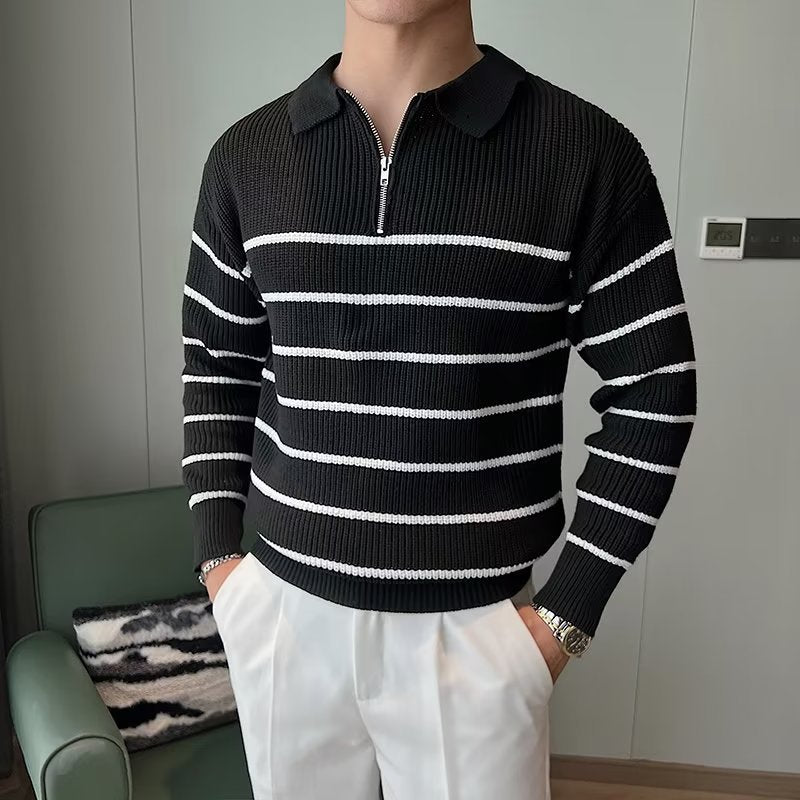 Comfortable men's striped sweater with a stylish zipper closure. Soft knit, ribbed cuffs for fall/winter wear.