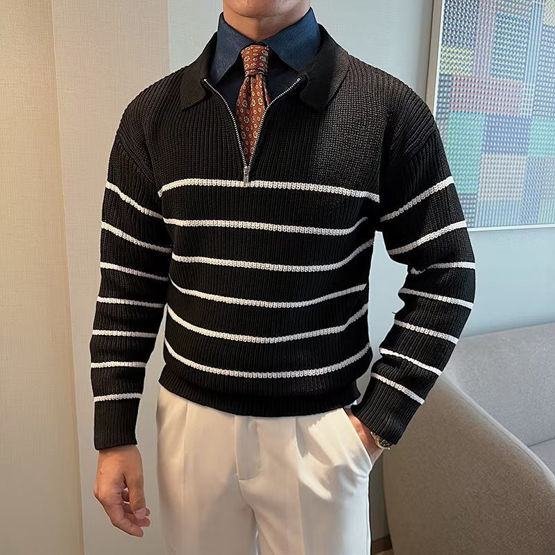 Stylish men's striped long-sleeve sweater with zipper, ideal for versatile smart casual or everyday fall outfits.
