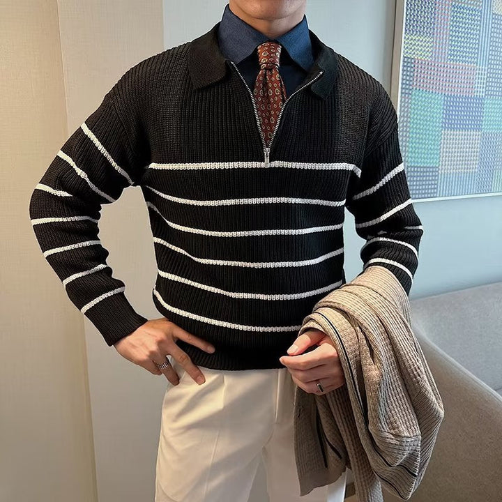 Modern men's ribbed striped zipper sweater. Long sleeve, comfortable knit, great for winter layering.