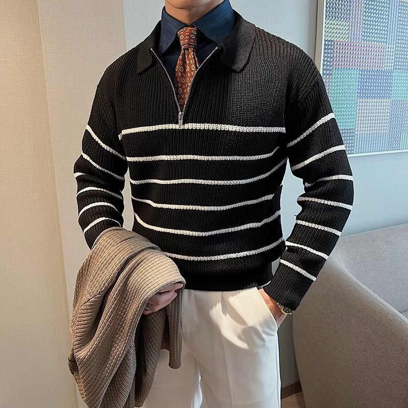 Versatile men's striped zipper sweater. Long sleeve, comfortable & stylish for fall/winter casual and smart looks.