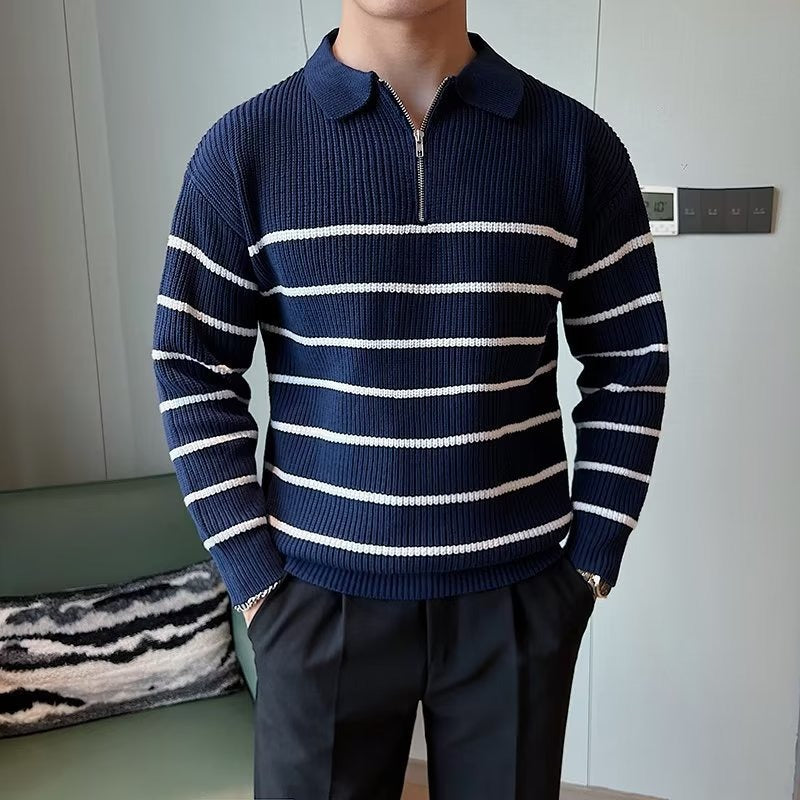 Men's stylish striped zipper sweater. Comfortable long-sleeve knit, perfect for fall and winter casual wear.