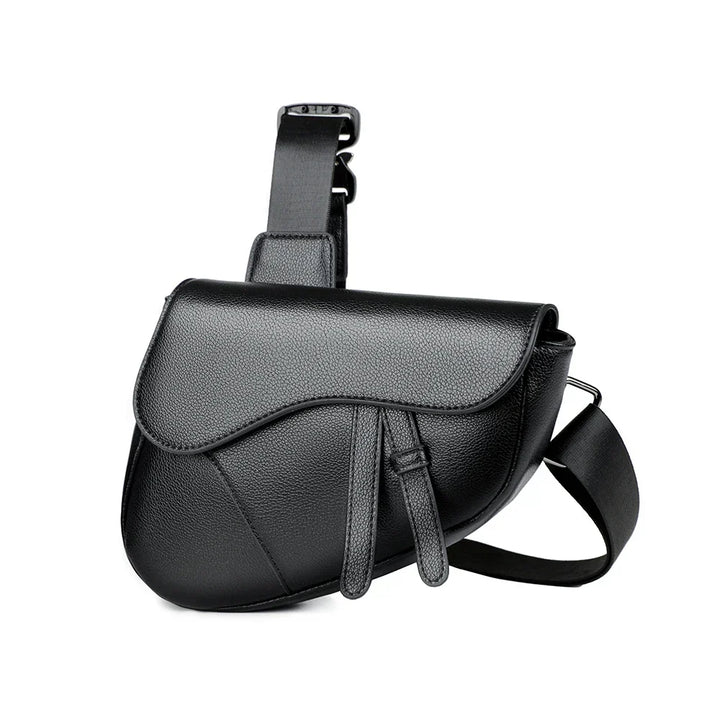 Men's structured matte black saddle crossbody bag with adjustable strap for daily carry. Stylish & durable.