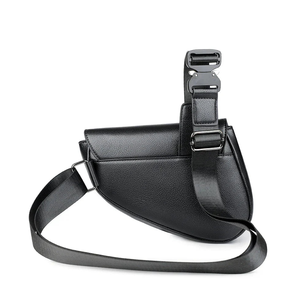 Stylish men's structured crossbody saddle bag. Adjustable strap for comfortable shoulder carry. Ideal for travel.