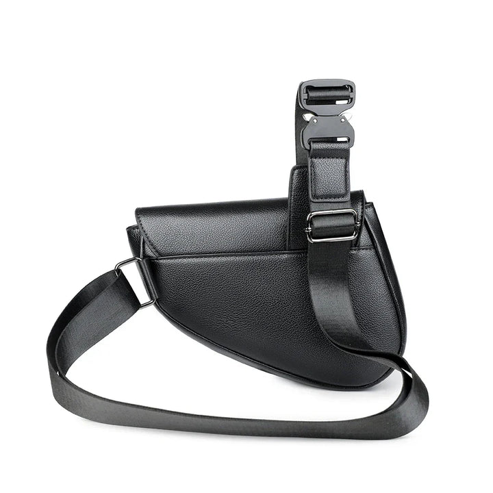 Stylish men's structured crossbody saddle bag. Adjustable strap for comfortable shoulder carry. Ideal for travel.
