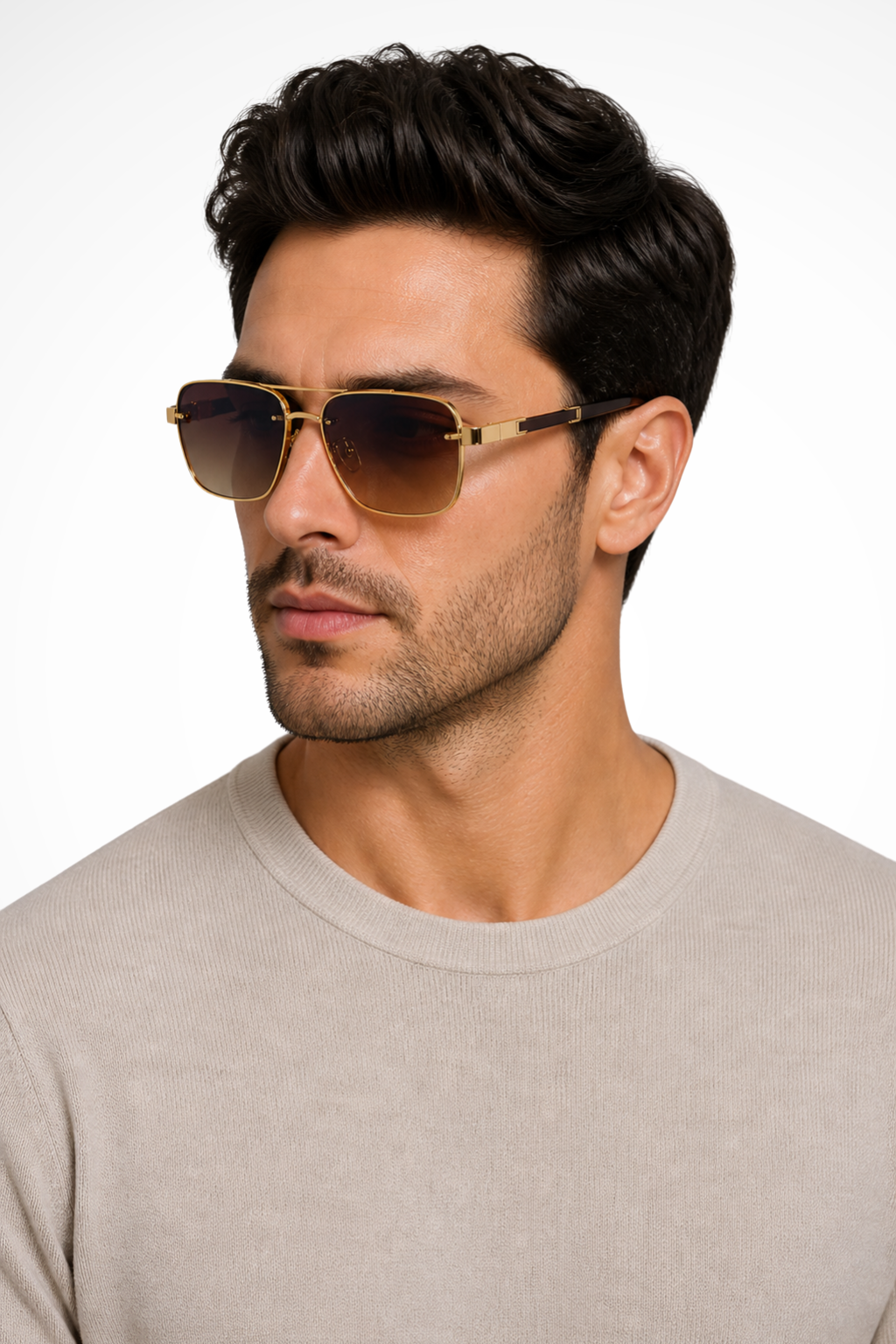 Men's stylish aviator square sunglasses with gold metal frame and gradient lenses. Eye protection eyewear.