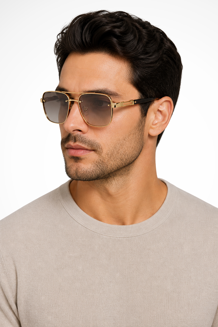 Square aviator men's sunglasses. Gold metal frame, gradient lenses. Stylish eye protection accessory.