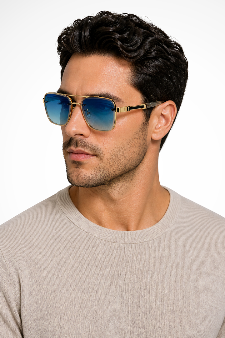 Stylish men's gold metal aviator square sunglasses with gradient lenses for casual eye protection.
