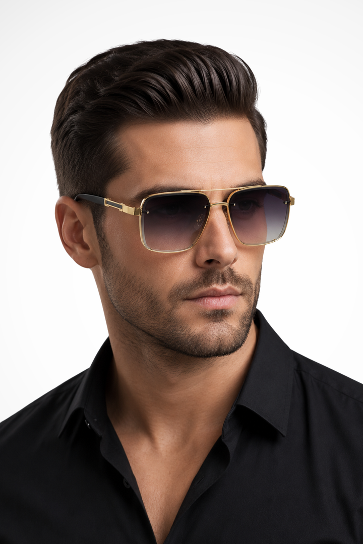 Gold metal frame aviator square sunglasses for men with gradient lenses. Fashionable eye protection.