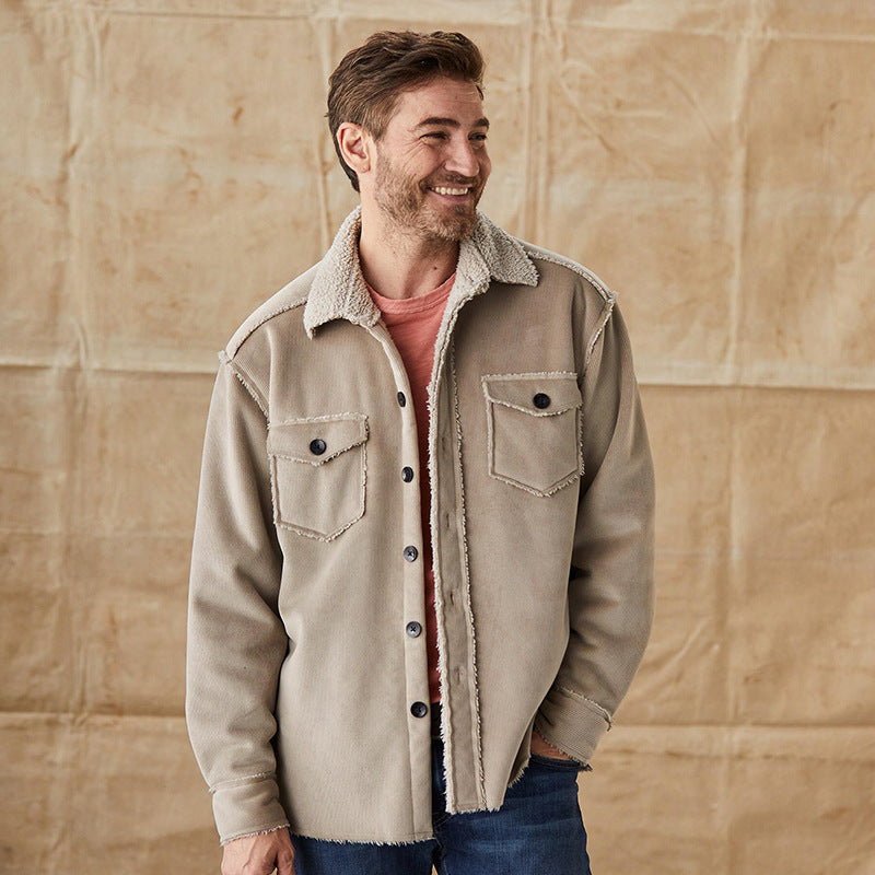 Men's stylish beige corduroy button-down jacket with warm sherpa collar, perfect for fall and winter outerwear.