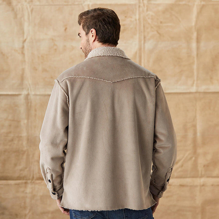 Casual men's beige corduroy jacket featuring a button-down front and cozy sherpa collar. Ideal fall/winter fashion.
