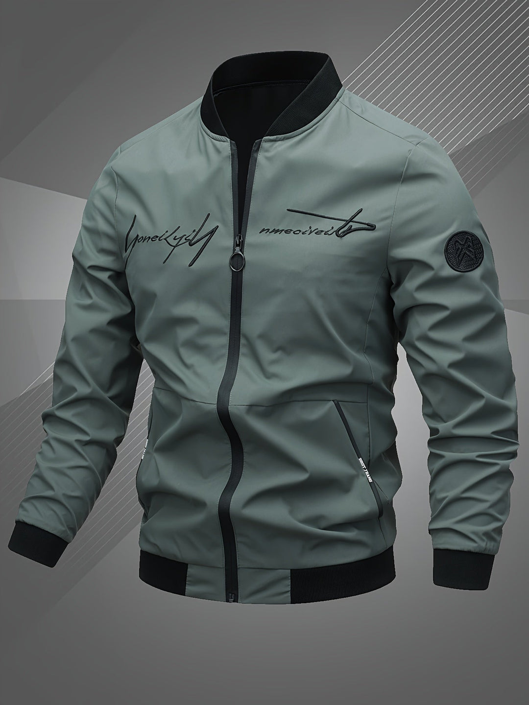 Men's stylish black bomber jacket with embroidered logo detail