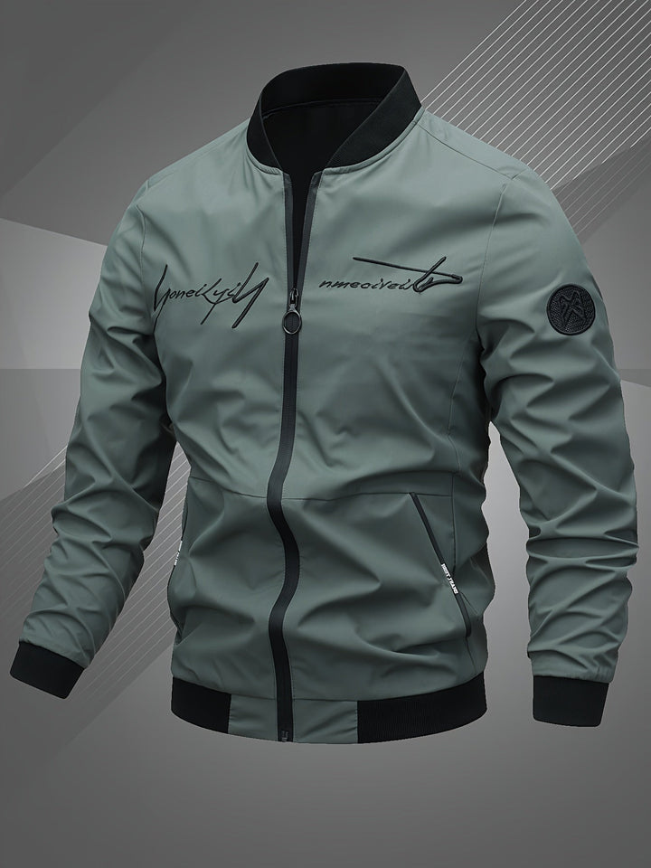 Men's stylish black bomber jacket with embroidered logo detail