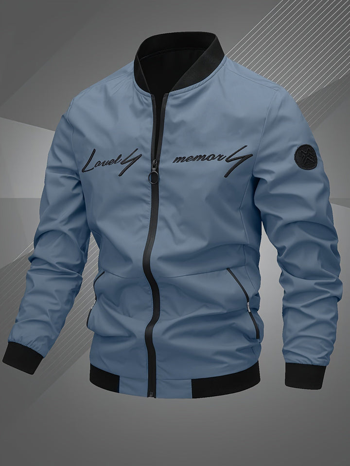 Close-up of the logo on a men's casual streetwear bomber jacket