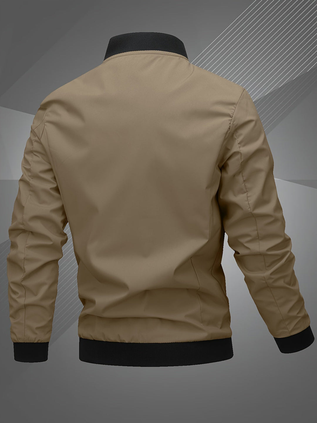 Back of a men's outerwear bomber jacket featuring a prominent logo