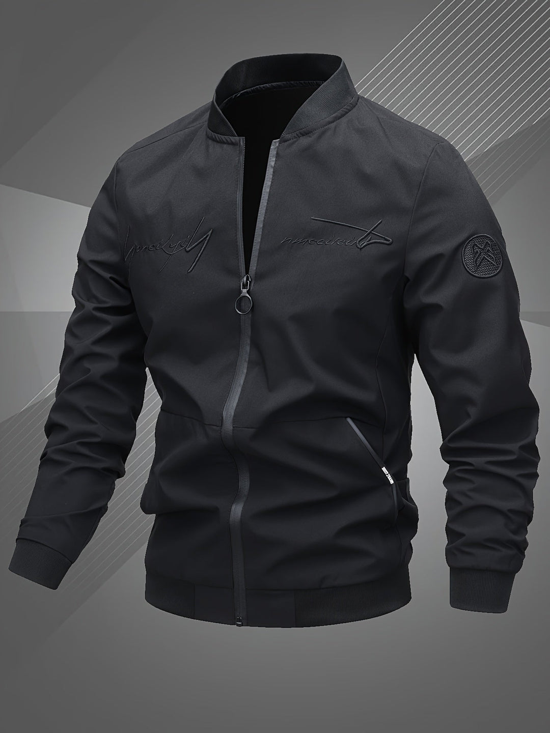 Detailed shot of the zipper and ribbed cuffs on a men's stylish bomber