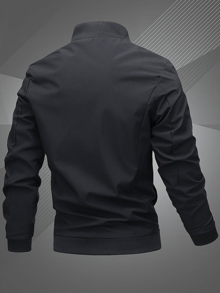 Model showcasing a light blue men's bomber jacket, perfect for casual wear