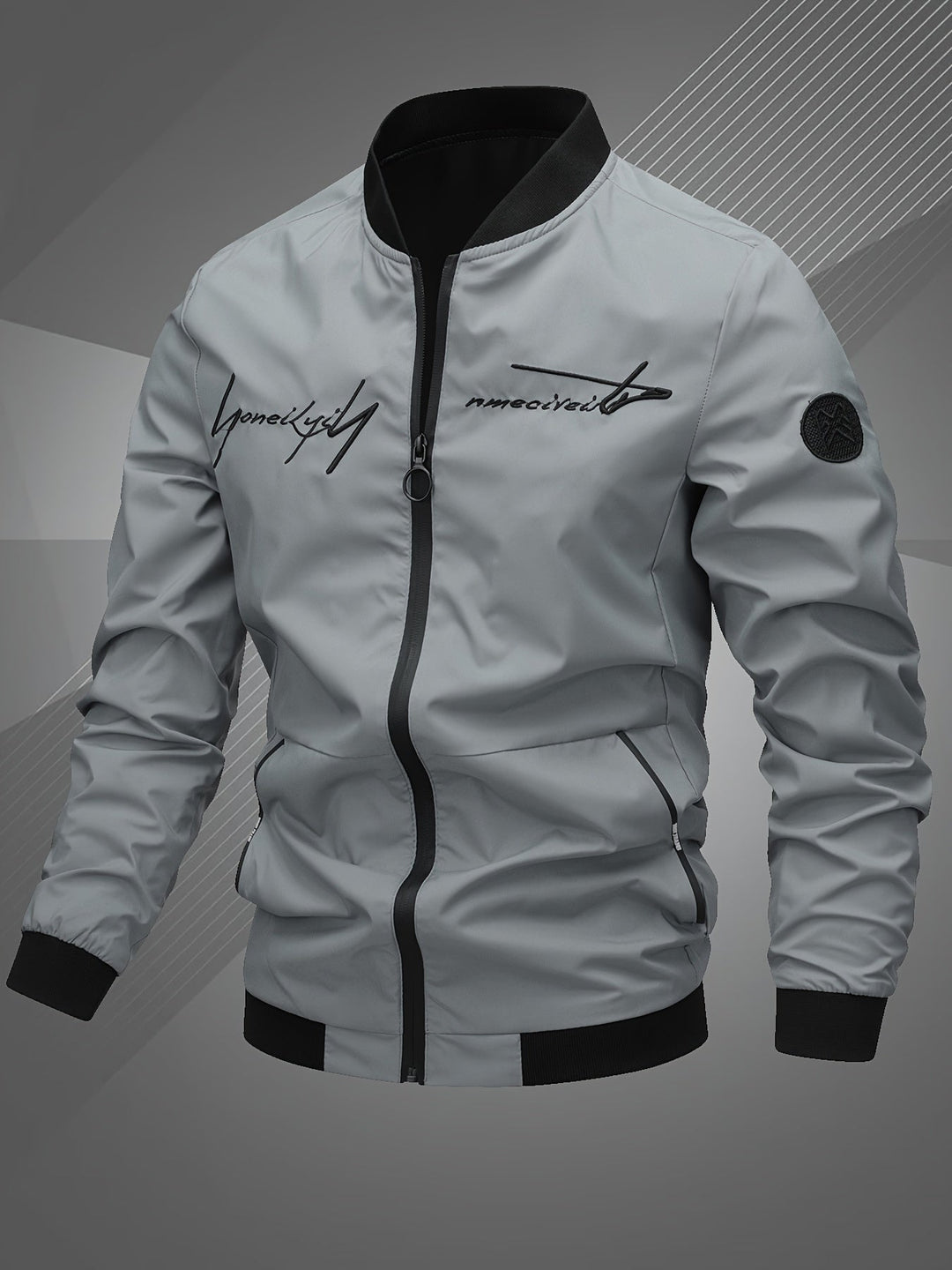 Streetwear fashion: men's zip-up bomber jacket in a trendy olive green