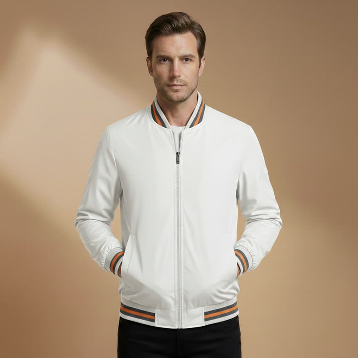 Versatile men's lightweight bomber jacket with a stand collar, great for layering or everyday fashion.