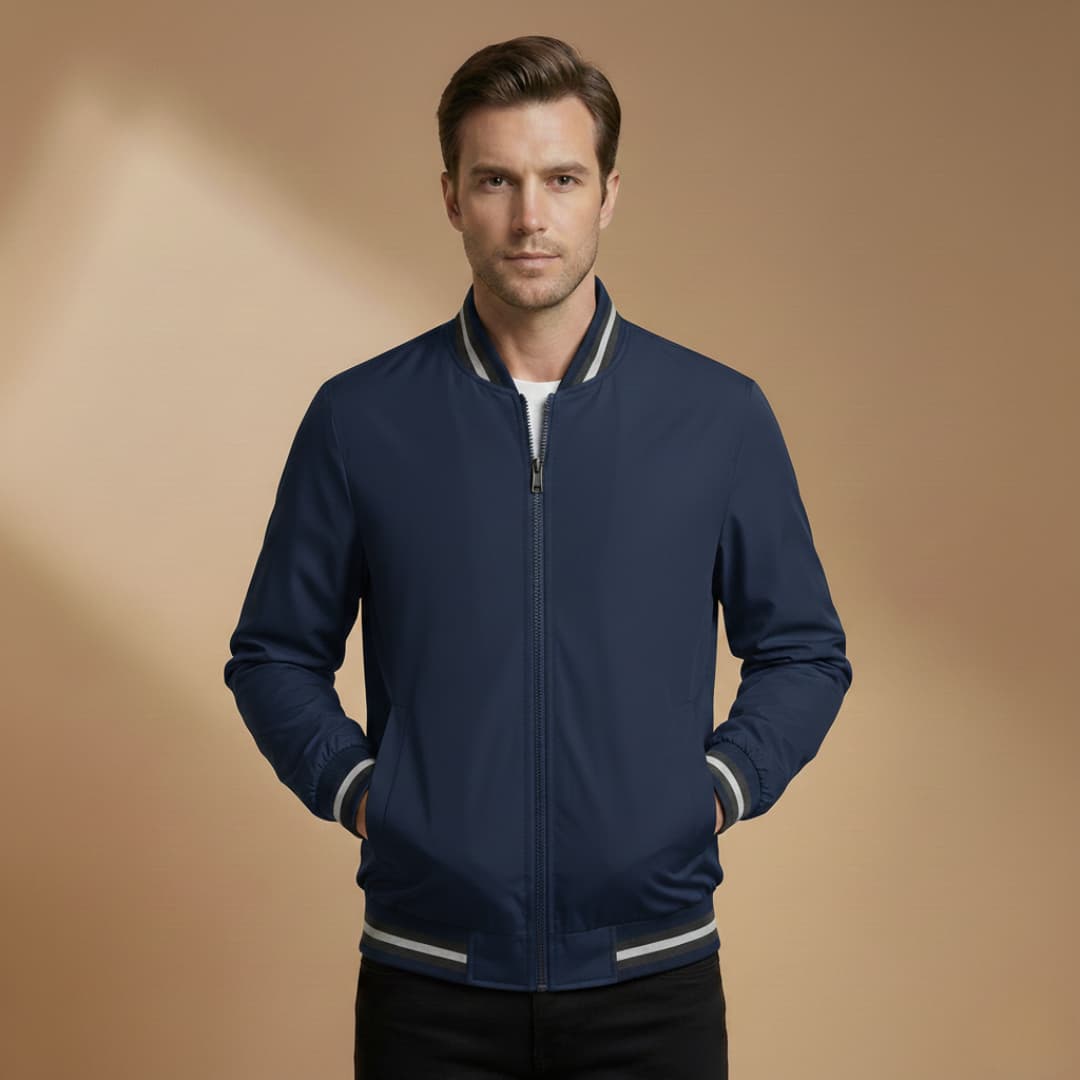 Stylish men's bomber jacket highlighting its structured stand collar and ribbed hem details.