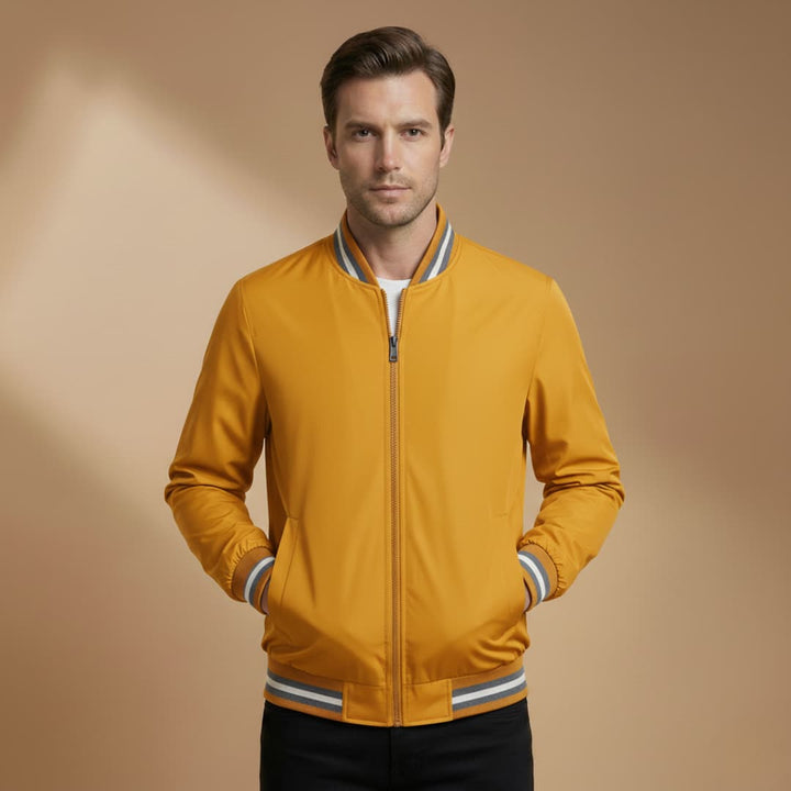 Casual men's zip jacket, a modern bomber design with a comfortable stand collar and ribbed cuffs.