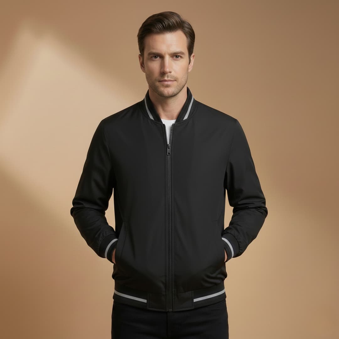 Trendy men's clothing item: a classic bomber jacket featuring a sleek stand collar.
