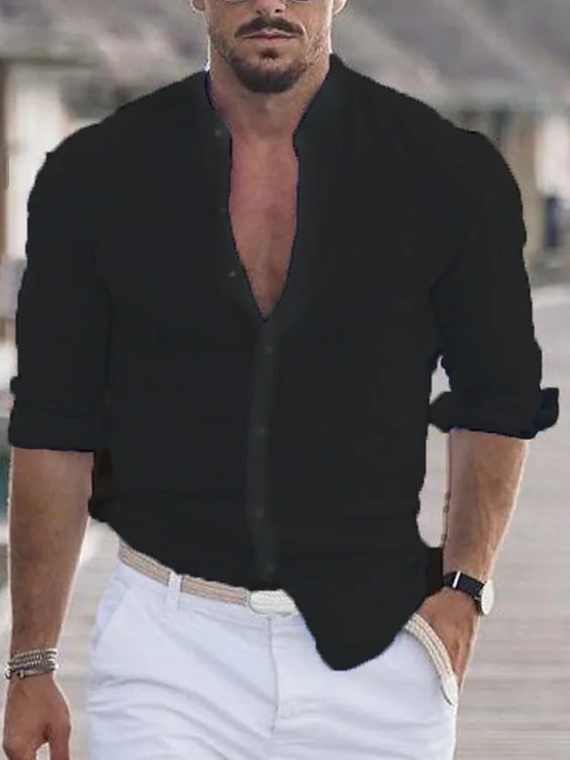 Men's stylish black button-down casual shirt. Comfortable for everyday wear, perfect for smart casual men's fashion.