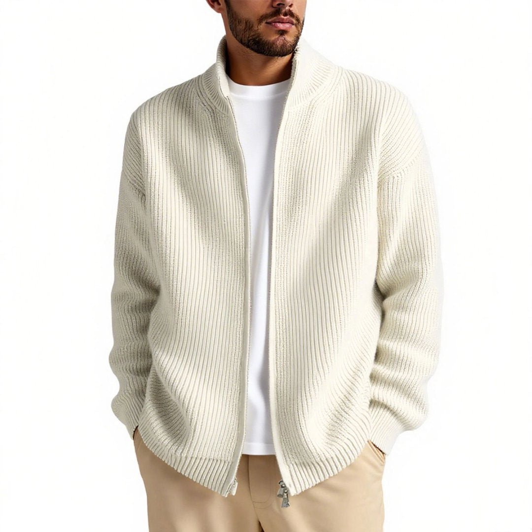 Men's stylish black knitted zipper jacket with high collar, perfect for modern casual outerwear and winter fashion.