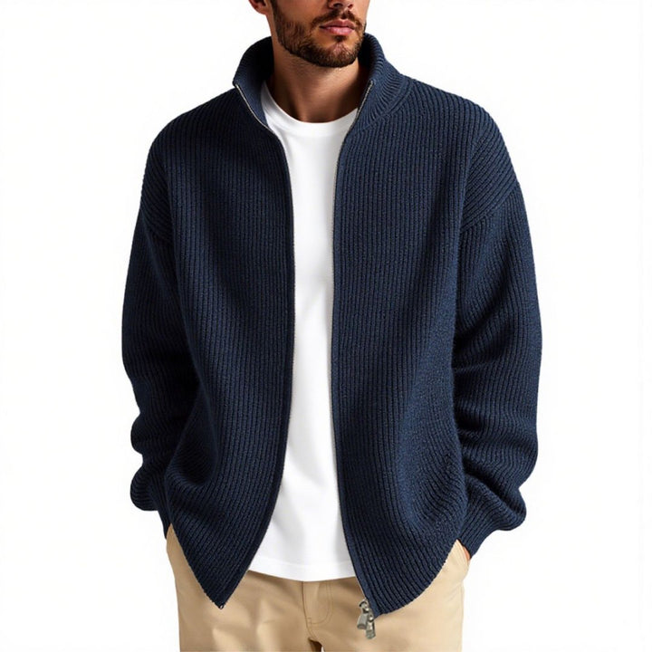 Comfortable men's knitted high collar cardigan with full zipper closure, a versatile piece for stylish casual wear.