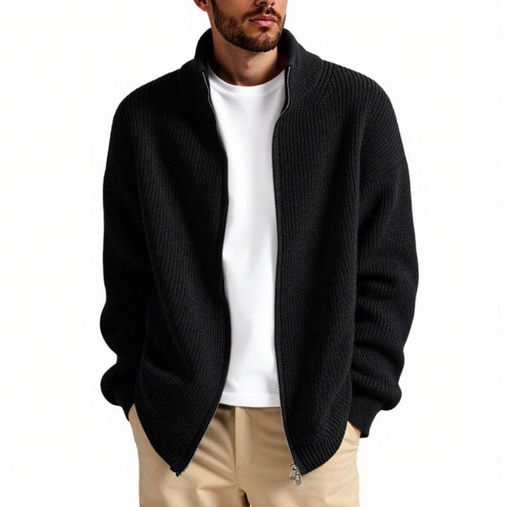 Warm men's winter knitted jacket featuring a high stand collar and full zip, ideal for modern men's fashion.