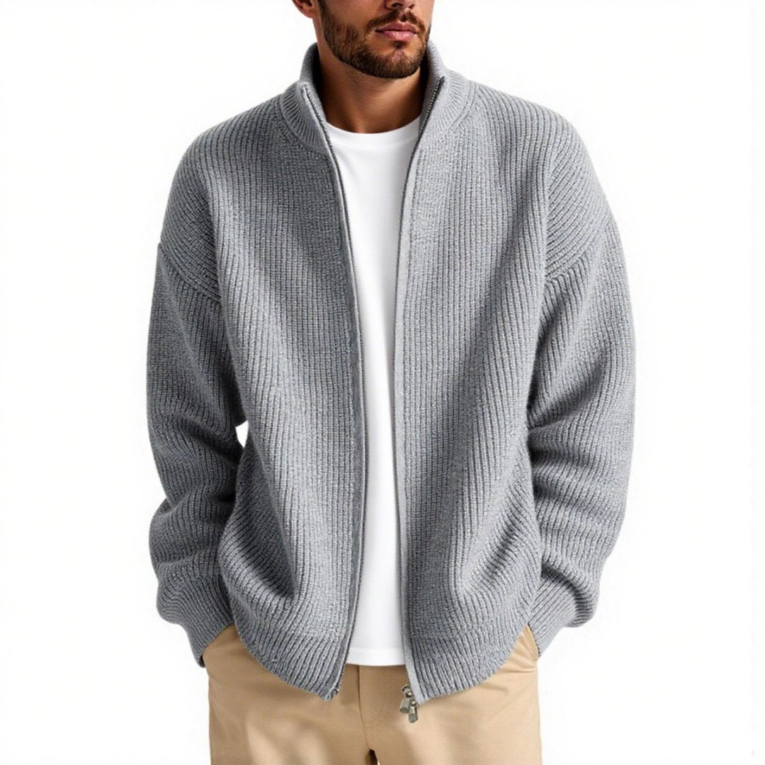 Sleek black men's knitted high collar zipper jacket, a stylish and warm addition to modern men's winter fashion.